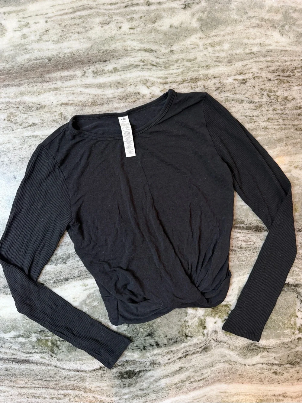 ALO Yoga Black Long Sleeve Twist-Front Ribbed Top